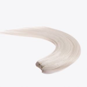 A white hair extension is shown on a white background.