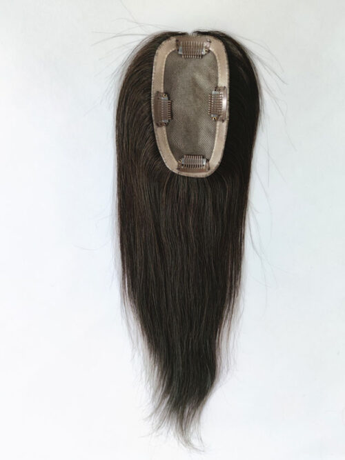 A long black hair wig with a brown base.