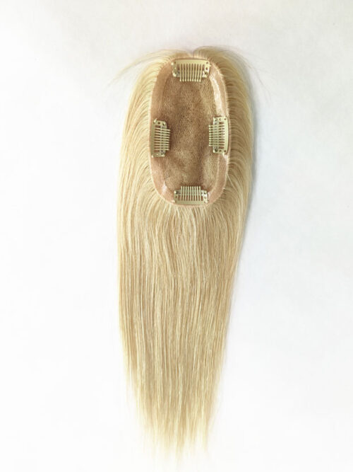 A blonde wig is shown with the front of it.
