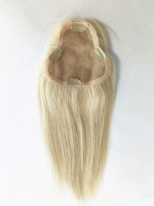 A blonde wig is shown with the front of it.